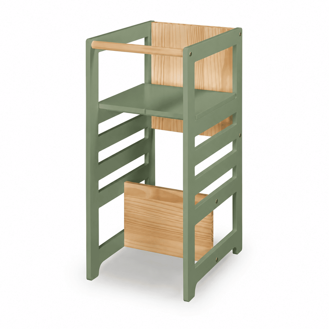 Torre de Aprendizagem Montessori 4 em 1 Verde Oliva Cadeirão Ajustável, Mesinha de Atividades, Quadro de Desenhos