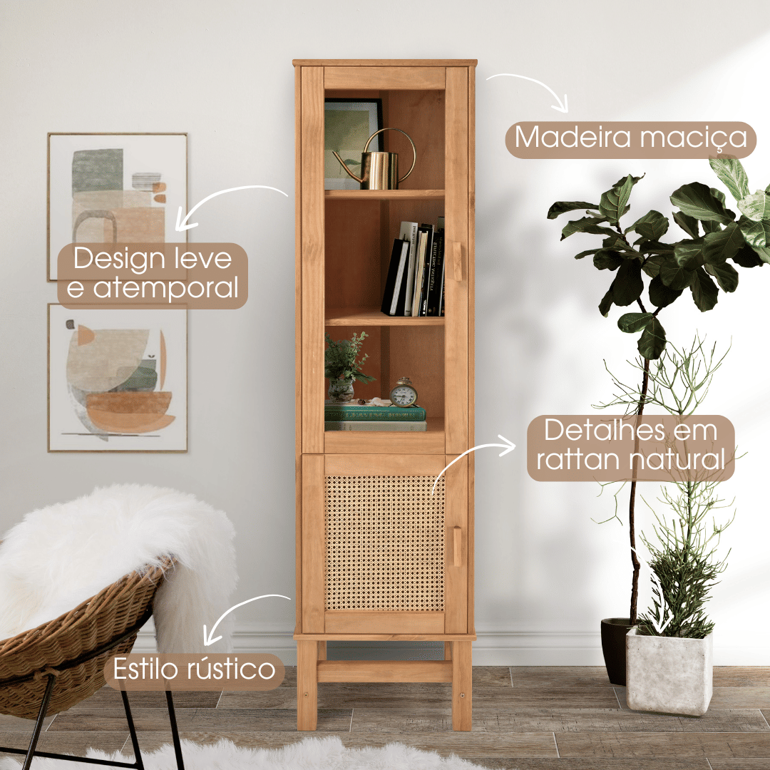 Cristaleira Nature em Madeira, Vidro e Rattan 02 Portas