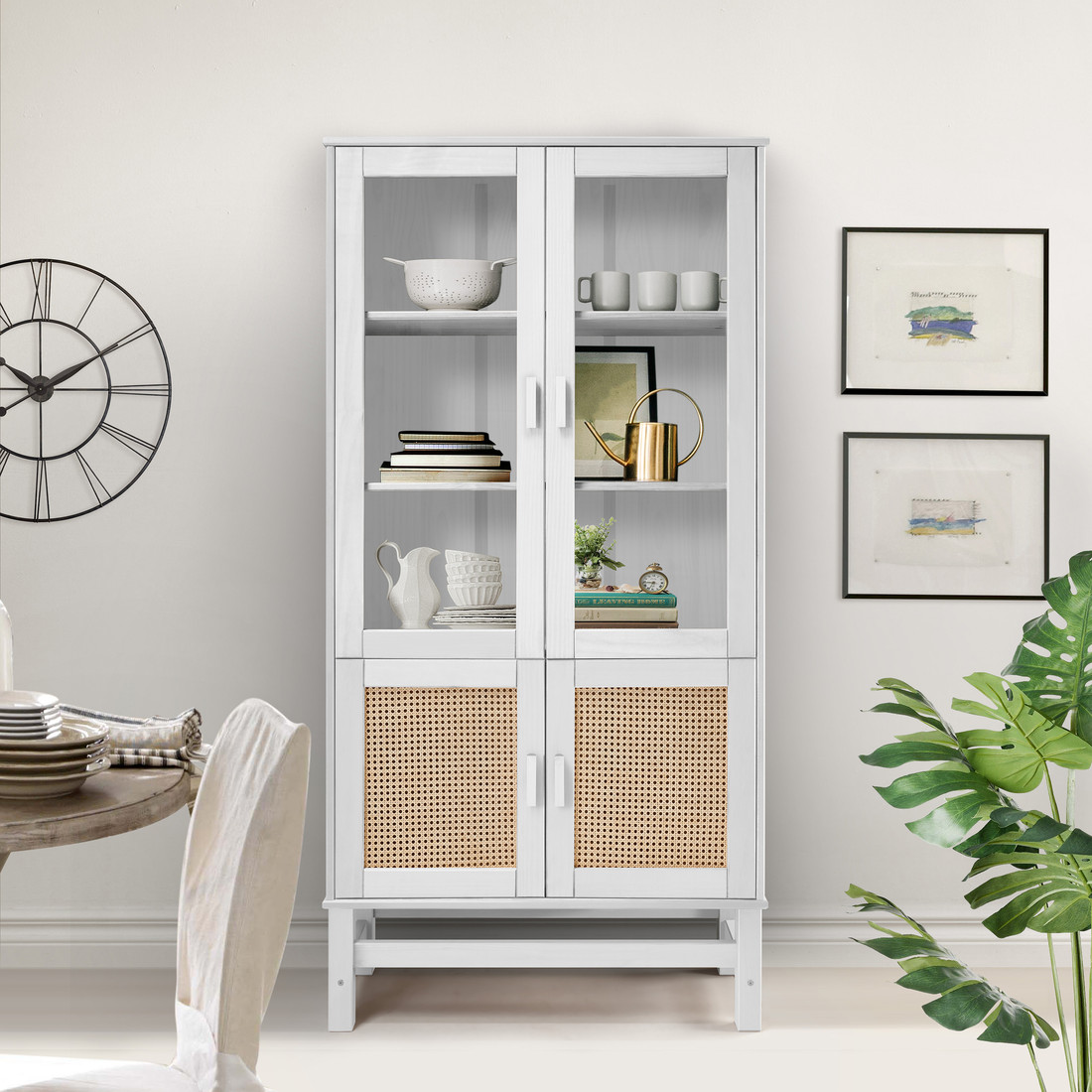 Cristaleira Nature em Madeira, Vidro e Rattan 04 Portas na Cor Branca