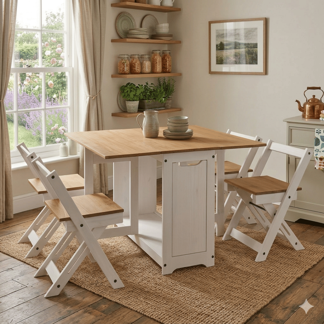 Mesa Dobrável Borboleta com 4 Cadeiras em Madeira Maciça de Pinus Branco Cera