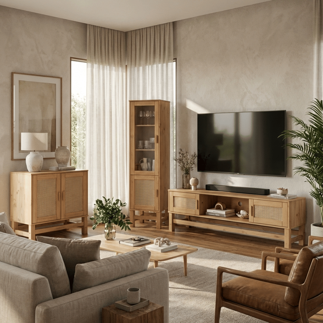 Cristaleira Nature em Madeira, Vidro e Rattan 02 Portas