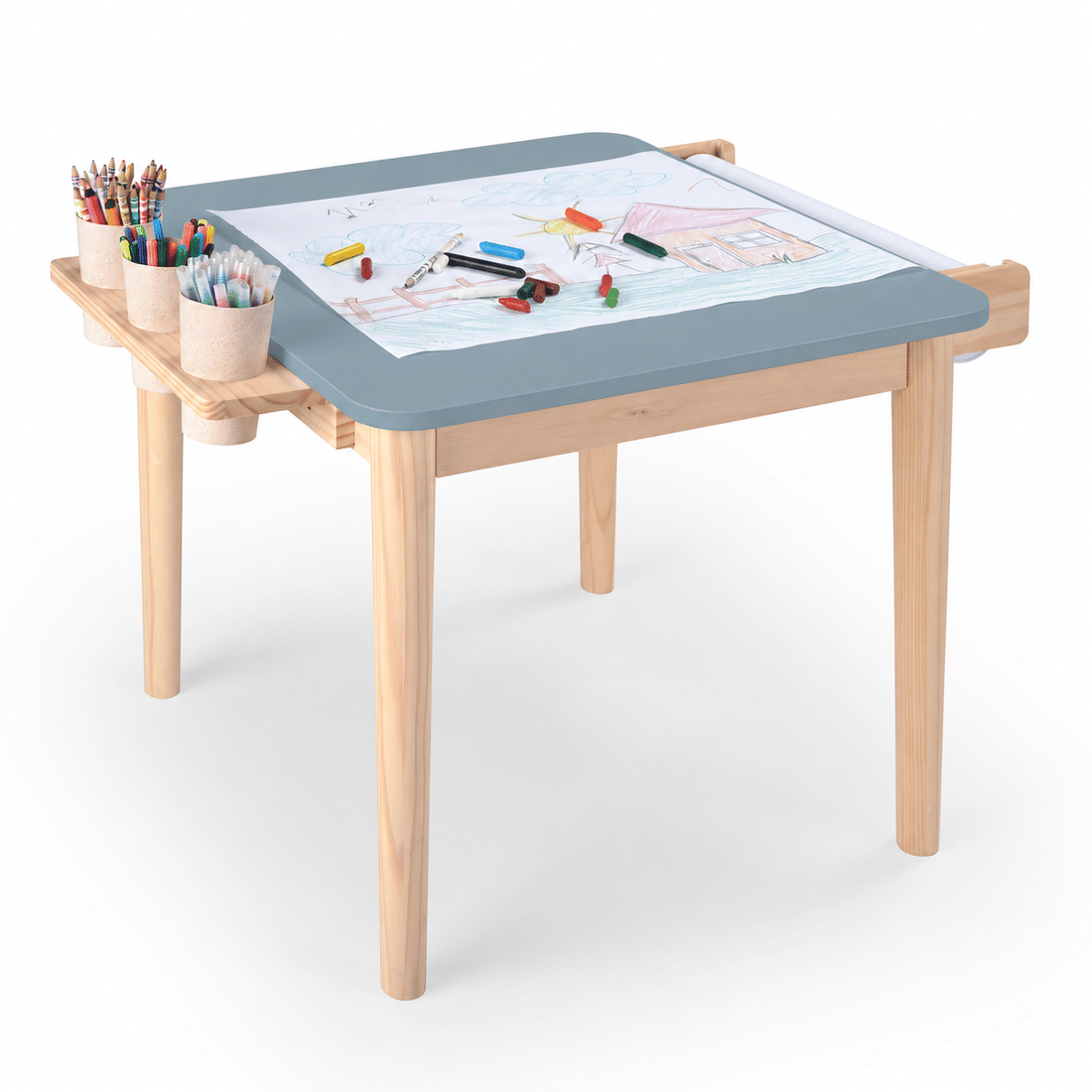 Mesa Infantil Quadrada de Madeira Maciça 61cm Azul com Porta-Lápis e Suporte para Papel Mesa Infantil Quadrada de Madeira Maciça 61cm Azul com Porta-Lápis e Suporte para Papel