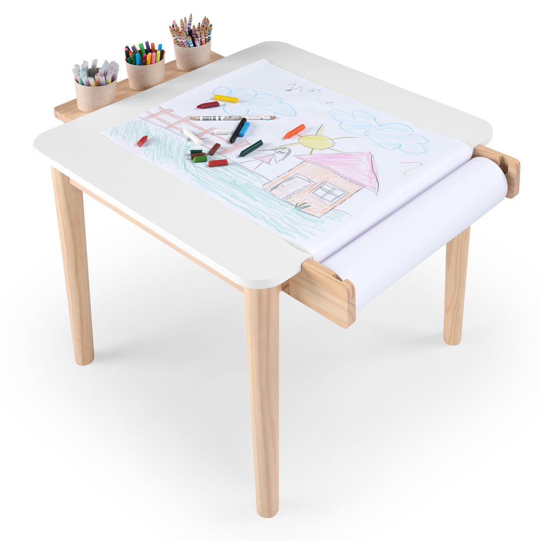 Mesa Infantil Quadrada de Madeira Maciça 61cm Branca com Porta-Lápis e Suporte para Papel Mesa Infantil Quadrada de Madeira Maciça 61cm Branca com Porta-Lápis e Suporte para Papel