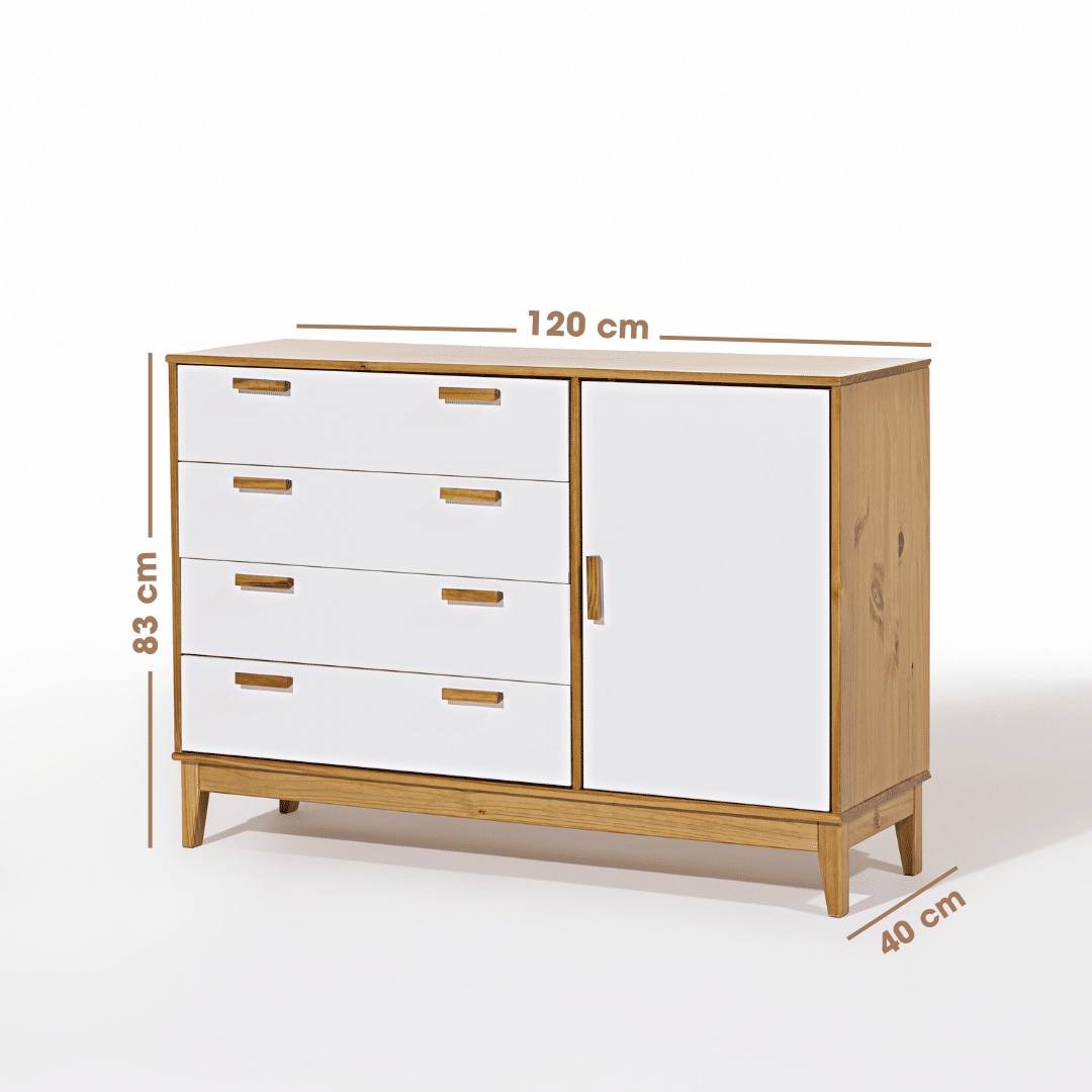 Cômoda Alamo 4 Gavetas e 1 Porta em Madeira Natural + Branco Cômoda Alamo 4 Gavetas e 1 Porta em Madeira Natural + Branco