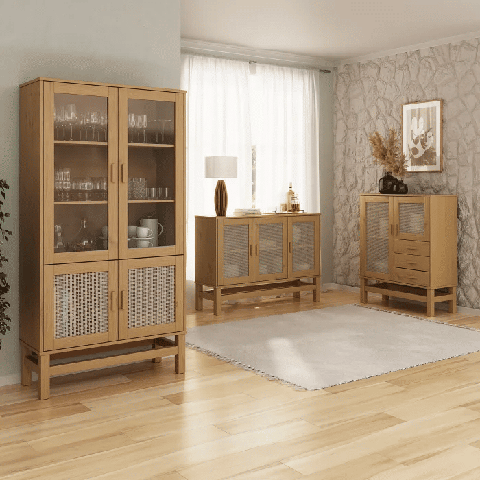 Cristaleira Nature em Madeira, Vidro e Rattan 04 Portas