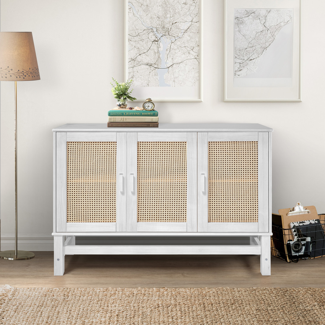 Balcão Buffet Nature em Madeira e Rattan Natural 03 Portas na Cor Branca 