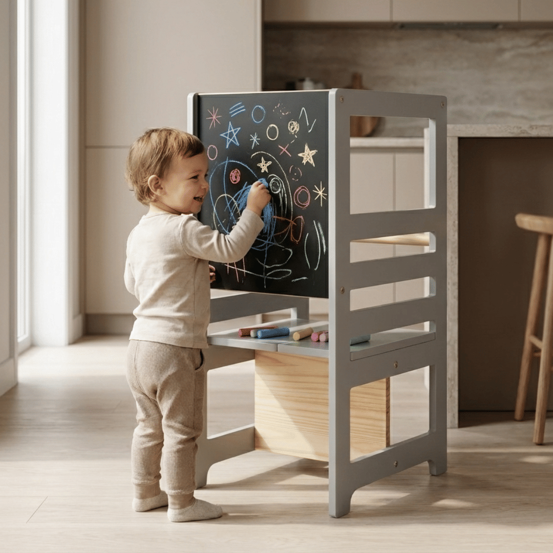Torre de Aprendizagem Montessori 4 em 1 Cinza Cadeirão Ajustável, Mesinha de Atividades, Quadro de Desenhos