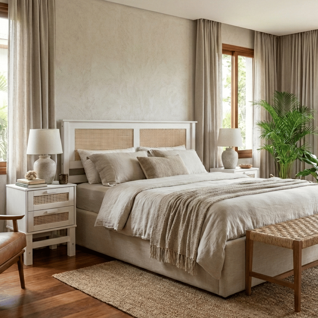 Kit Cabeceira + 2 Mesas de Cabeceira Duas Gavetas de Rattan Nature na Cor Branca