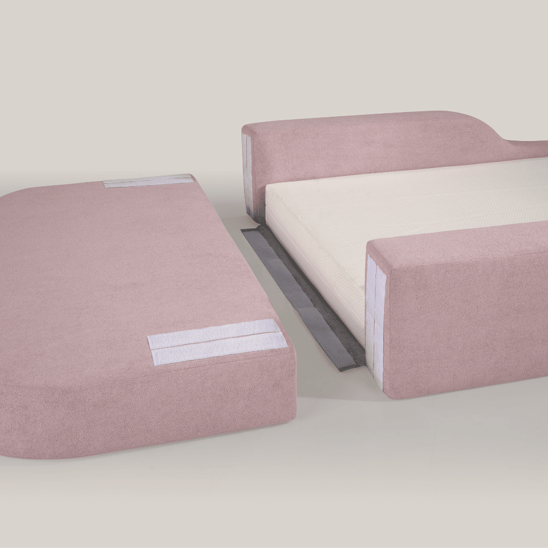 Cama Infantil de Solteiro Montessori em Espuma D28 Bouclé Rosa com Colchão Cama Infantil de Solteiro Montessori em Espuma D28 Bouclé Rosa com Colchão