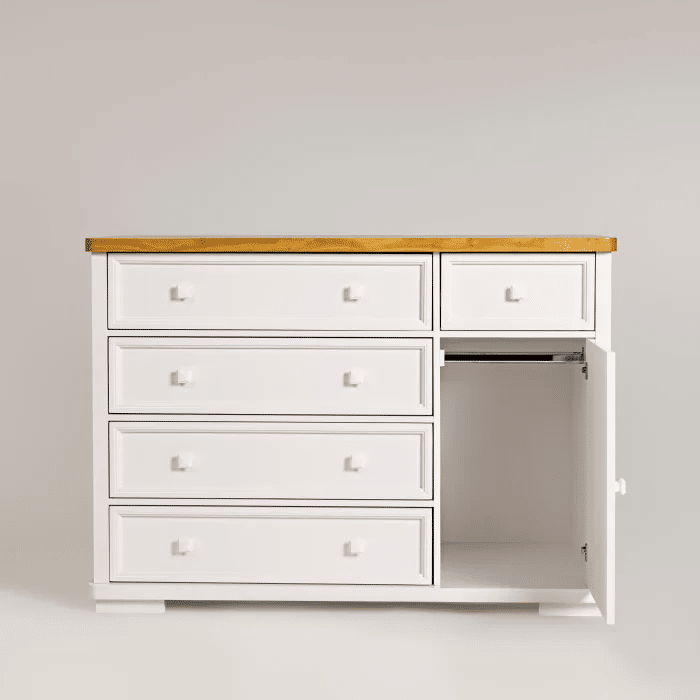 Cômoda Encanto 5 Gavetas e Porta Fechada Branca com Tampo Mel