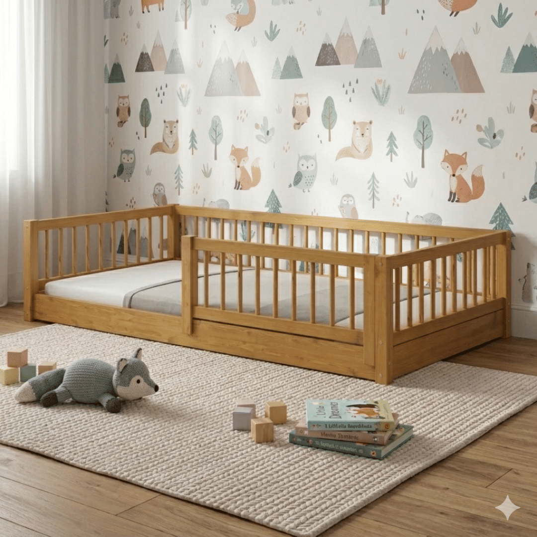 Cama Infantil Montessoriana Bloomie em Madeira Maciça Pinus Mel Cama Infantil Montessoriana Bloomie em Madeira Maciça Pinus Mel