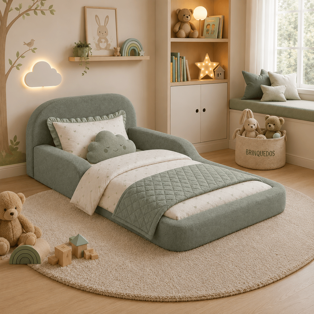 Cama Infantil de Solteiro Montessori em Espuma D28 Bouclé Verde com Colchão