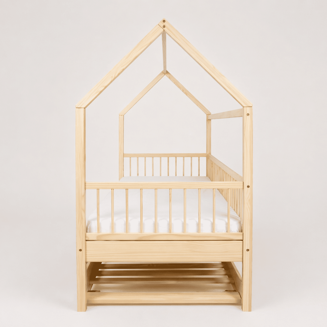 Cama Infantil Casinha Com Cama Auxiliar Bloomie em Madeira Maciça Pinus Natural Cama Infantil Casinha Com Cama Auxiliar Bloomie em Madeira Maciça Pinus Natural
