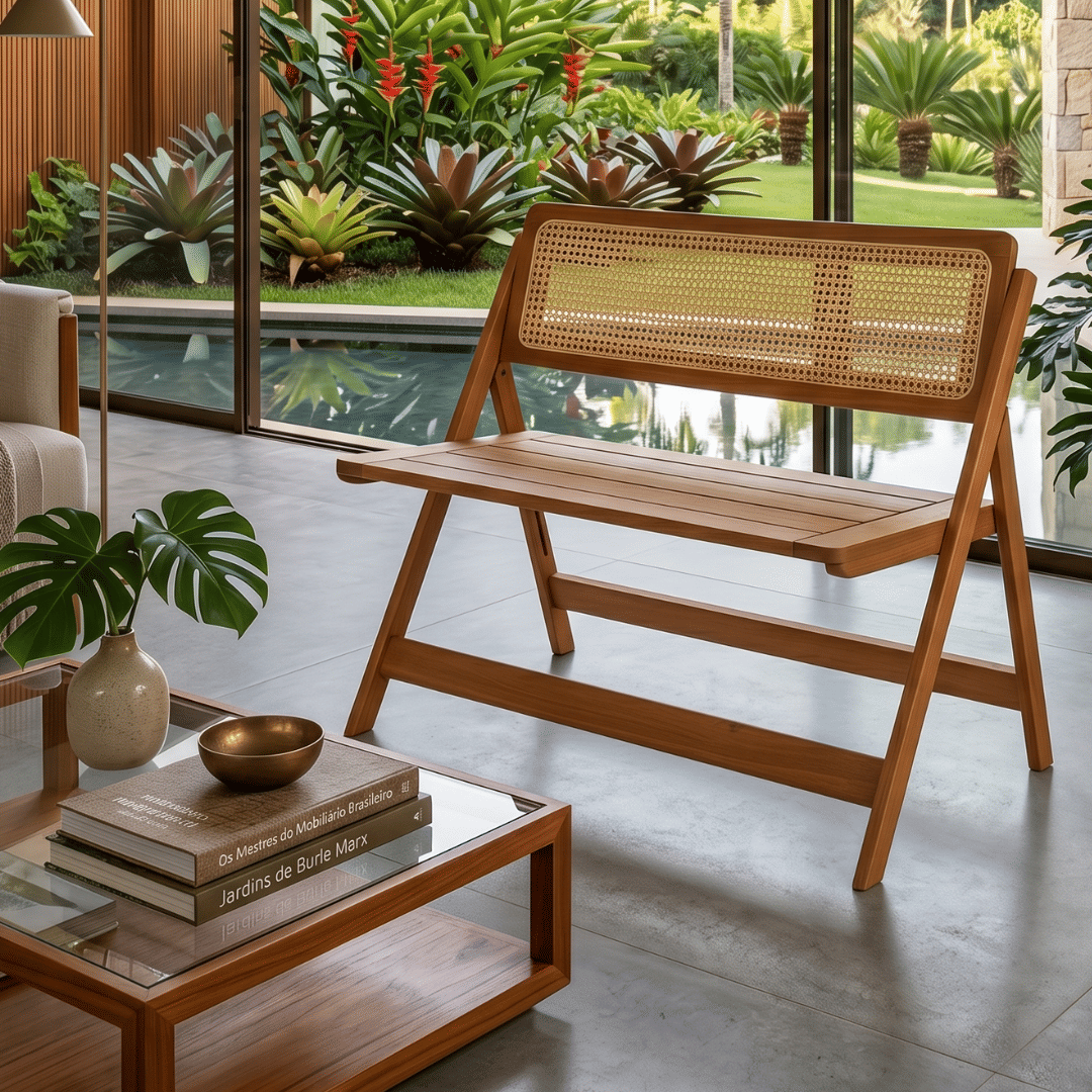 Banco Dobrável em Madeira de Eucalipto com Encosto em Rattan Natural Cor Pitanga 92 cm Banco Dobrável em Madeira de Eucalipto com Encosto em Rattan Natural Cor Pitanga 92 cm