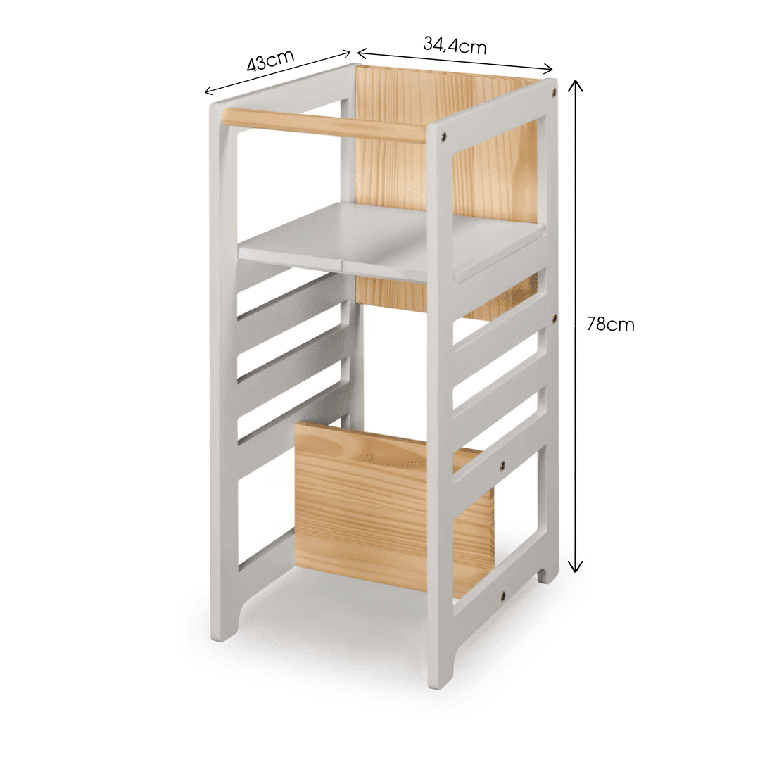 Torre de Aprendizagem Montessori 4 em 1 Cinza Cadeirão Ajustável, Mesinha de Atividades, Quadro de Desenhos