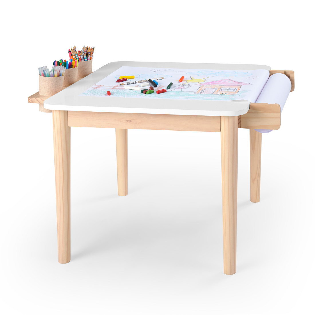 Mesa Infantil Quadrada de Madeira Maciça 61cm Branca com Porta-Lápis e Suporte para Papel Mesa Infantil Quadrada de Madeira Maciça 61cm Branca com Porta-Lápis e Suporte para Papel