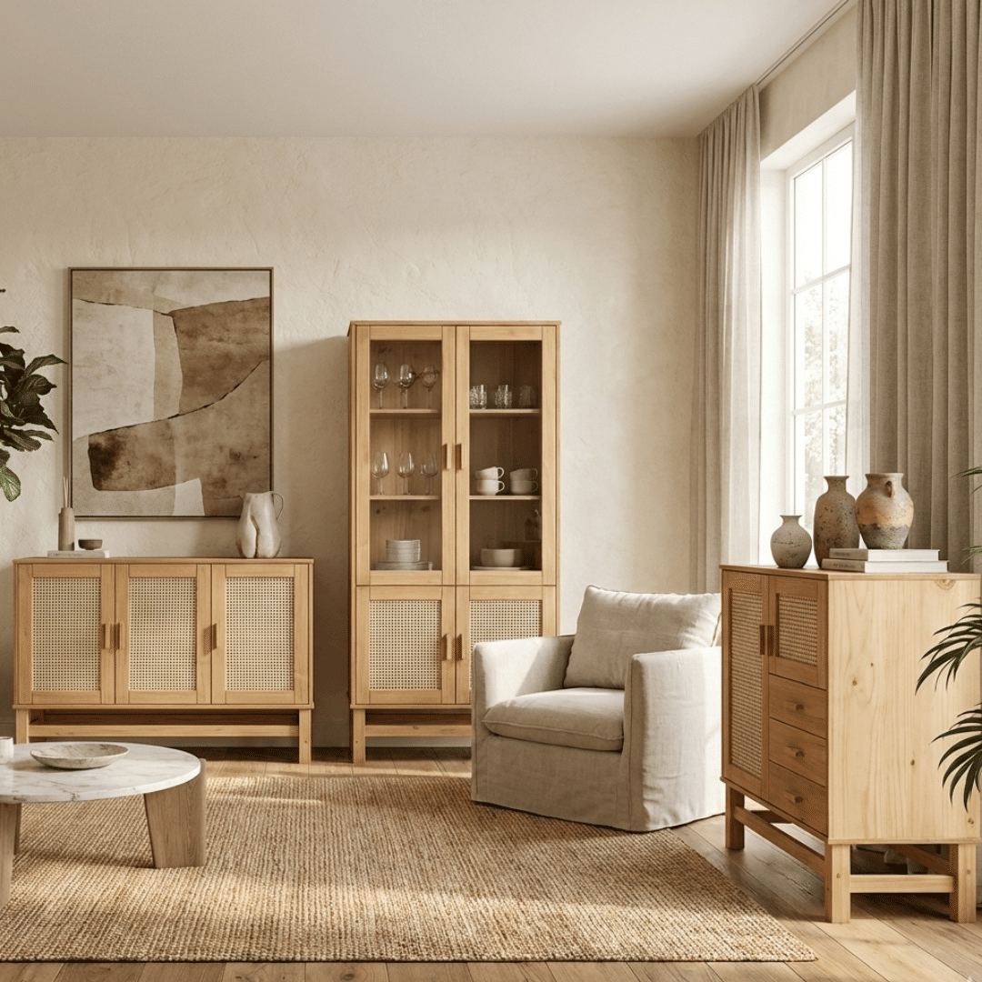 Balcão Buffet Nature em Madeira e Rattan Natural 03 Portas