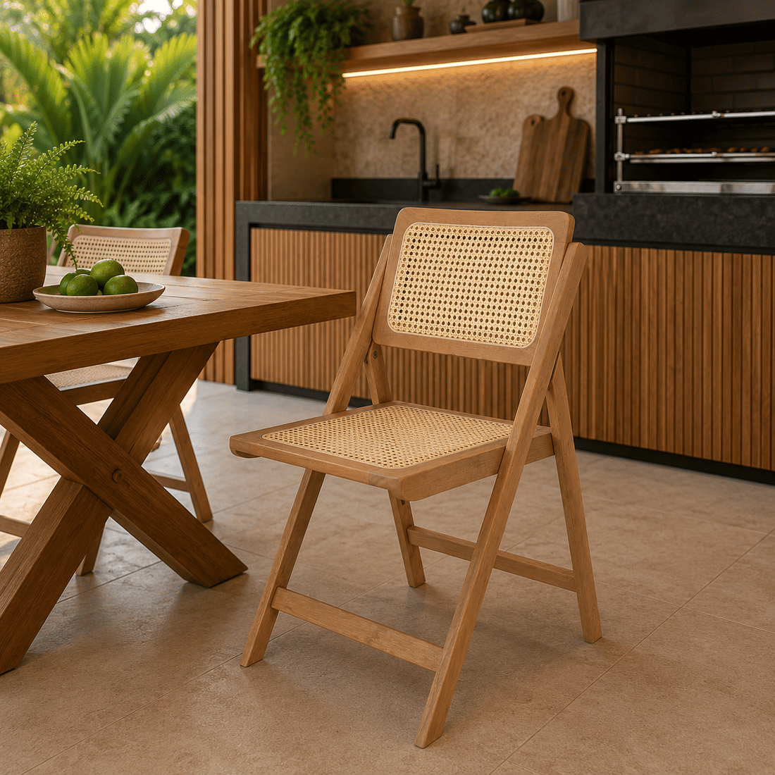 Cadeira Dobrável em Madeira de Eucalipto com Assento e Encosto em Rattan Natural Cor Pitanga