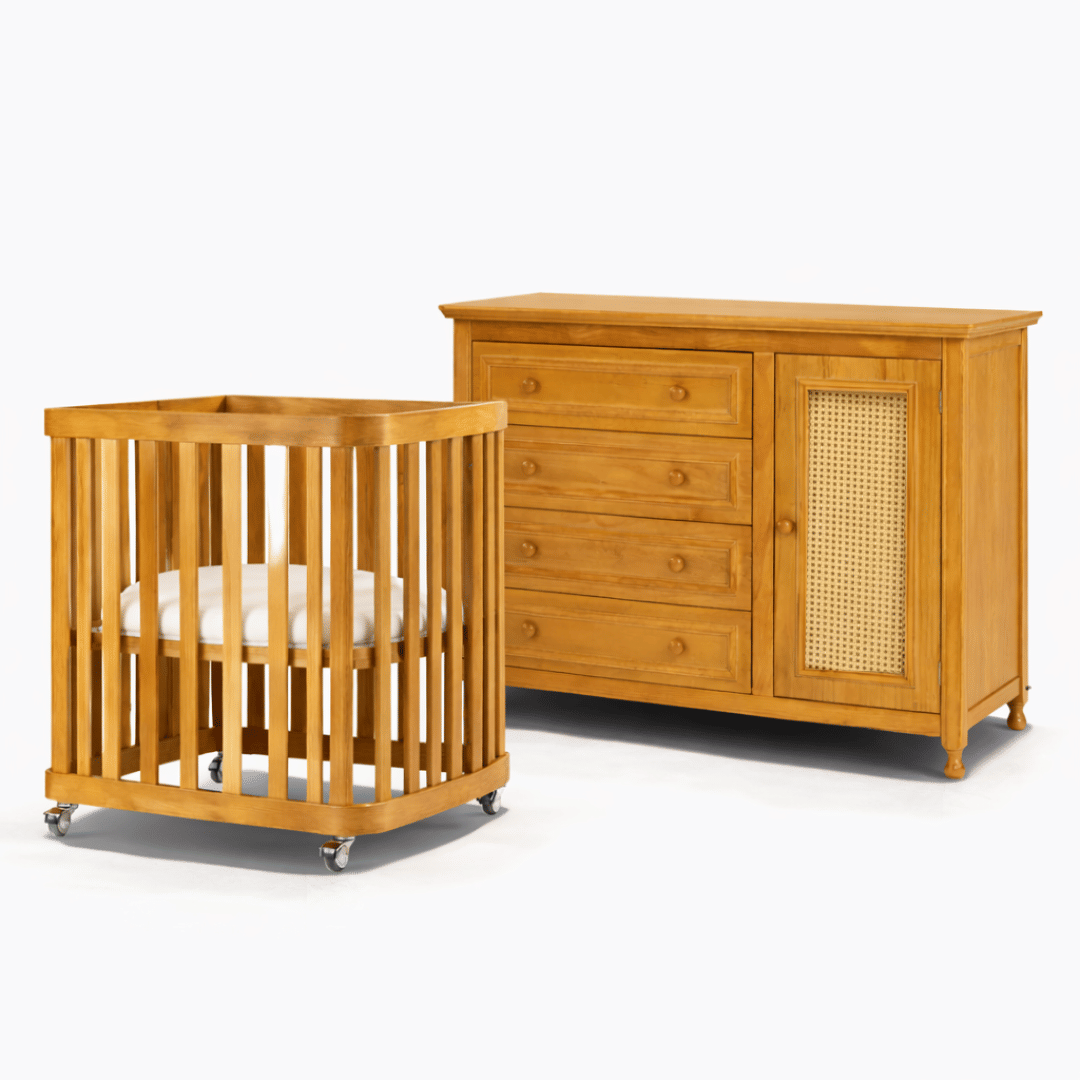 Kit Berço 3 em 1 + Cômoda 4 gavetas e 1 Porta com Rattan Mel | Linha Feliz + 1,2,3