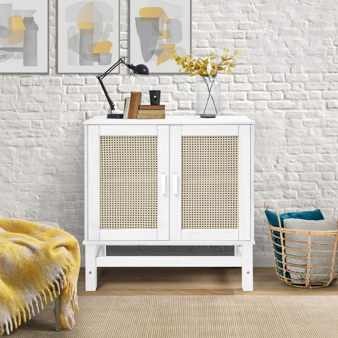 Balcão Buffet Nature em Madeira e Rattan Natural 02 Portas na Cor Branca