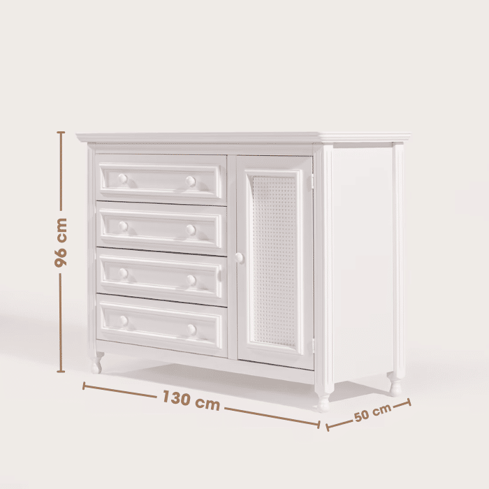 Cômoda Feliz 4 Gavetas Porta com Tela Trançada Branca com Palha Branca