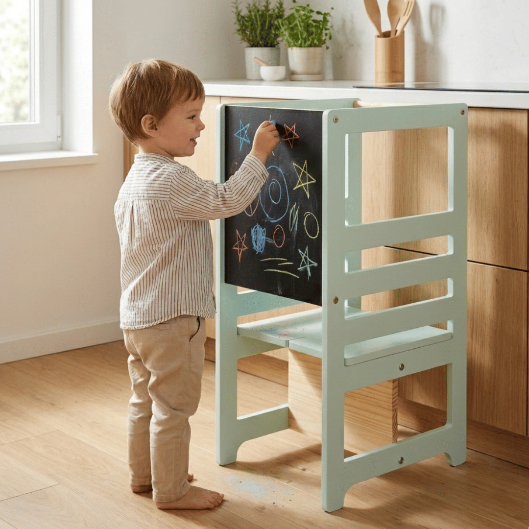Torre de Aprendizagem Montessori 4 em 1 Verde Cadeirão Ajustável, Mesinha de Atividades, Quadro de Desenhos