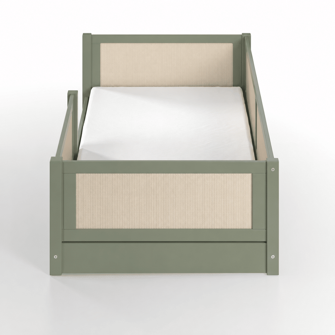 Cama Infantil de Solteiro Montessori Verde Oliva Com Rattan