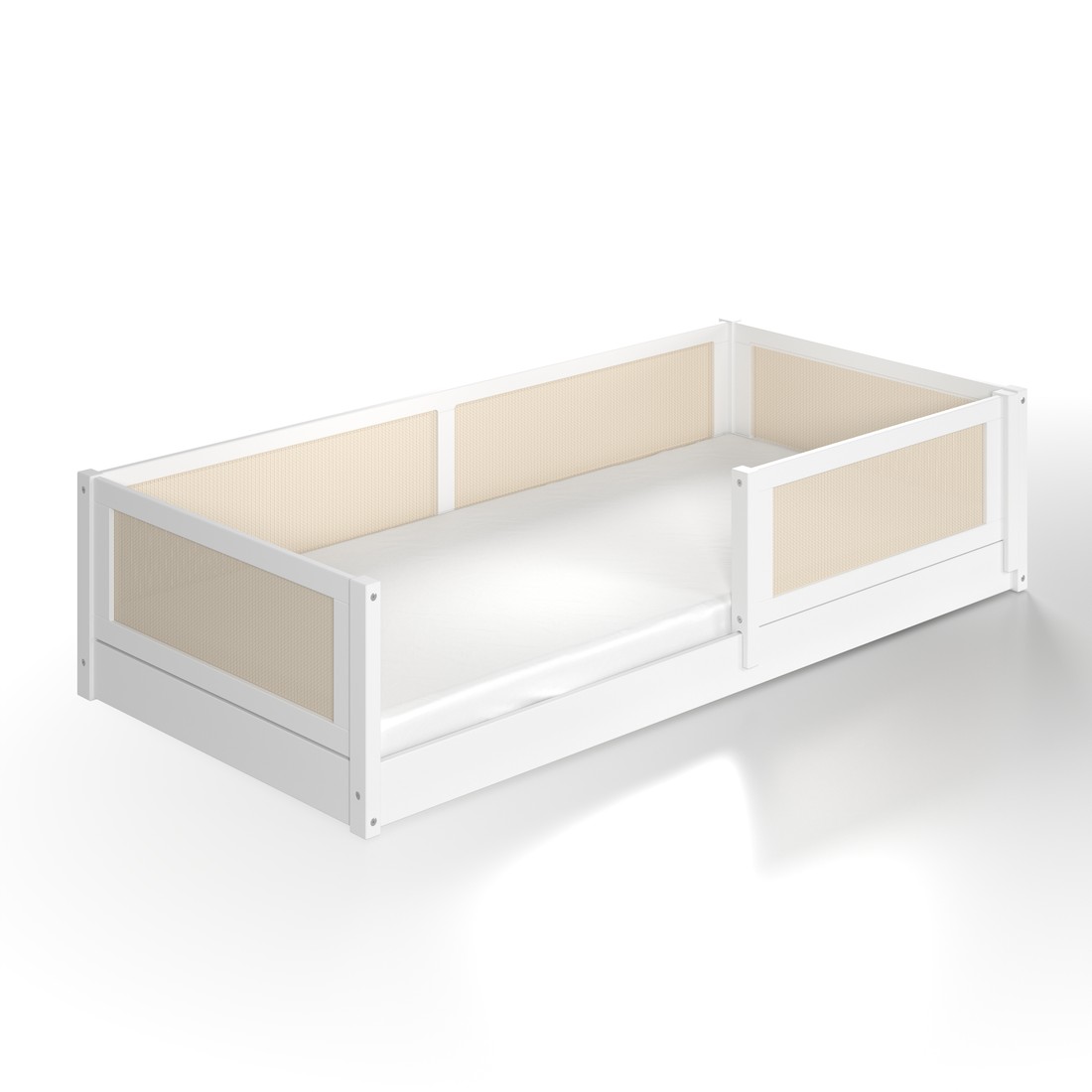 Cama Infantil de Solteiro Montessori Branca Com Rattan