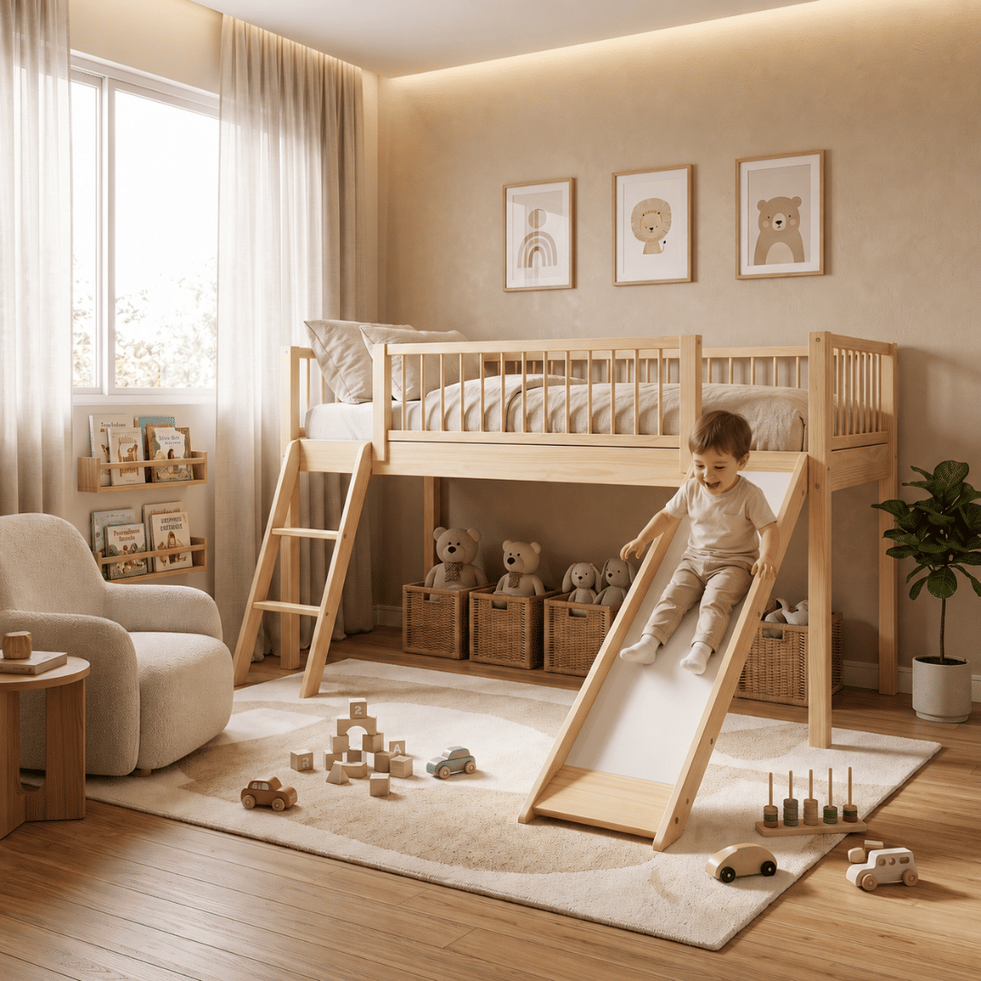 Cama Infantil de Solteiro Com Escorregador Bloomie em Madeira Maciça Pinus Natural