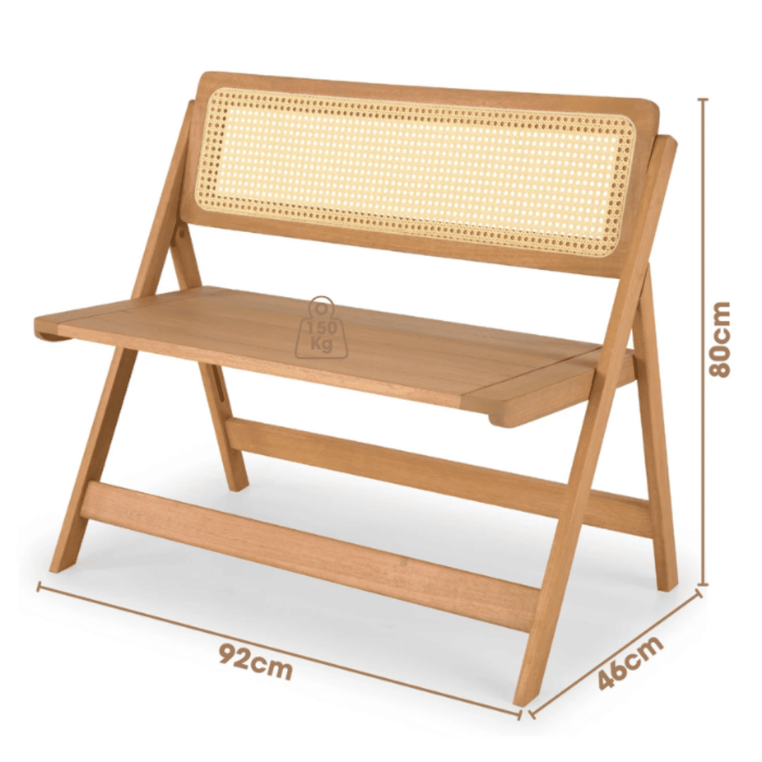 Banco Dobrável em Madeira de Eucalipto com Encosto em Rattan Natural Cor Pitanga 92 cm Banco Dobrável em Madeira de Eucalipto com Encosto em Rattan Natural Cor Pitanga 92 cm