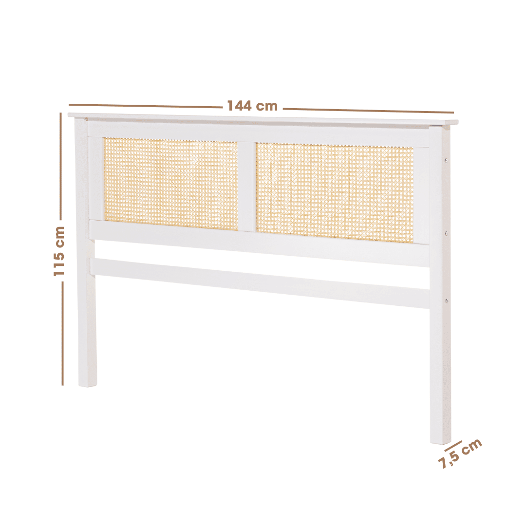 Cabeceira de Cama CASAL 144cm Nature Madeira e Rattan na Cor Branca
