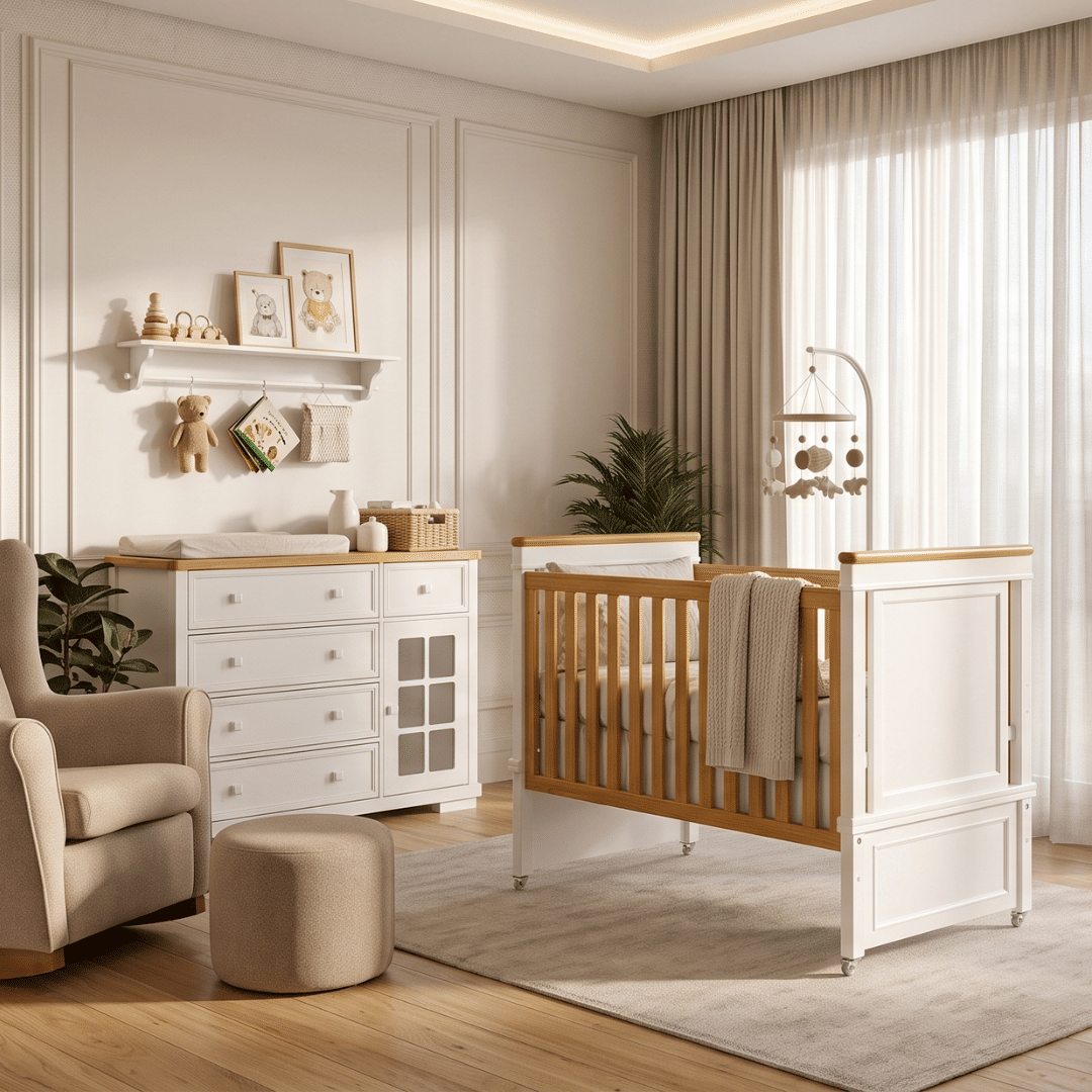 Kit Encanto Berço 2 em 1 e Cômoda 4 Gavetas e 1 Porta com Vidro em Madeira Maciça Branco + Mel Kit Encanto Berço 2 em 1 e Cômoda 4 Gavetas e 1 Porta com Vidro em Madeira Maciça Branco + Mel