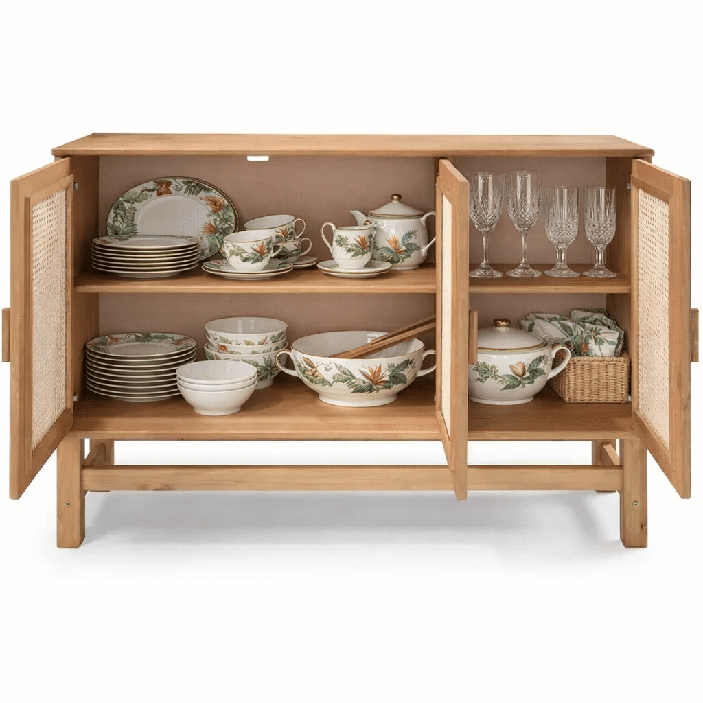 Balcão Buffet Nature em Madeira e Rattan Natural 03 Portas