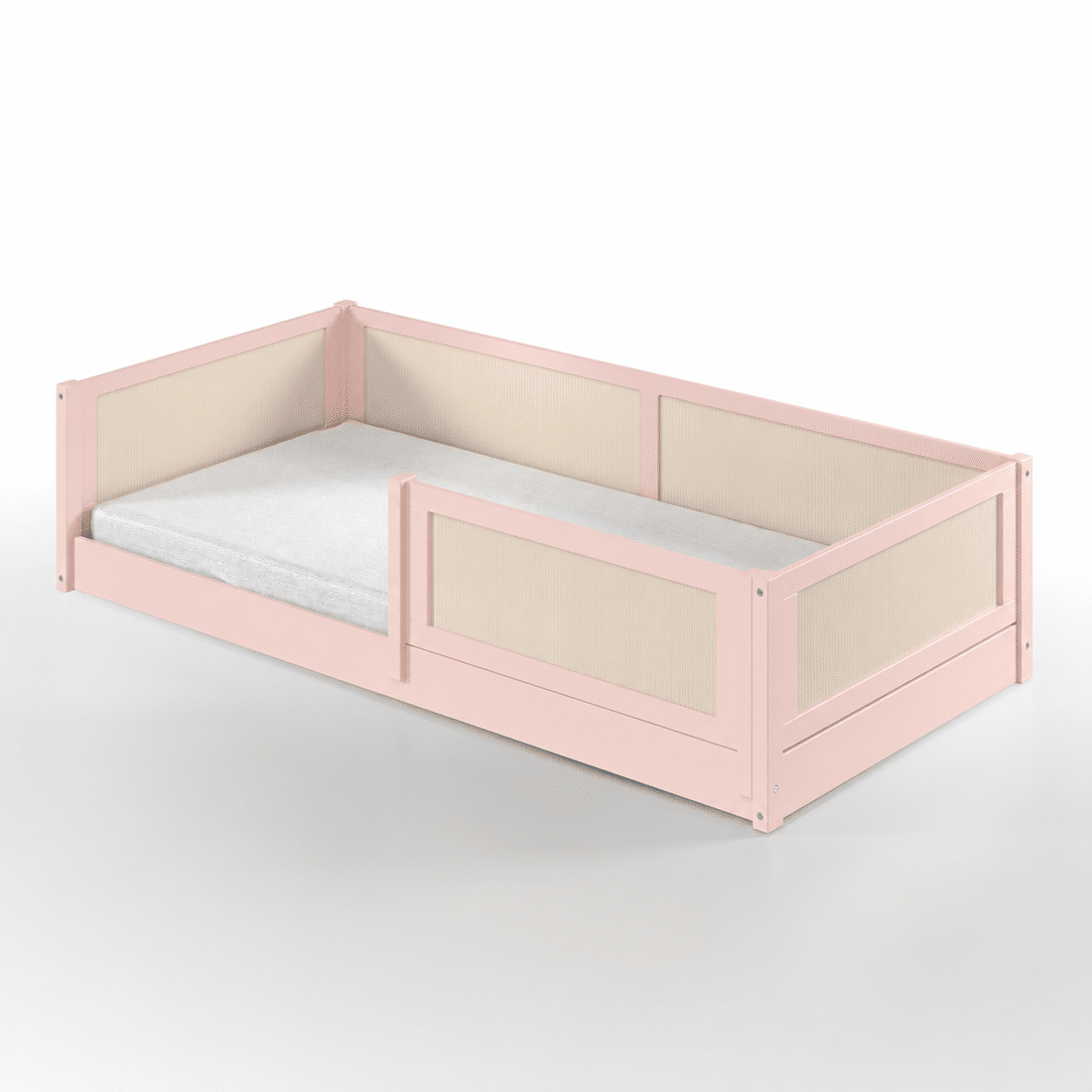 Cama Infantil de Solteiro Montessori Rosa Com Rattan Cama Infantil de Solteiro Montessori Rosa Com Rattan