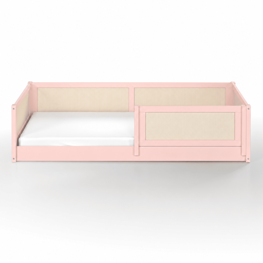 Cama Infantil de Solteiro Montessori Rosa Com Rattan