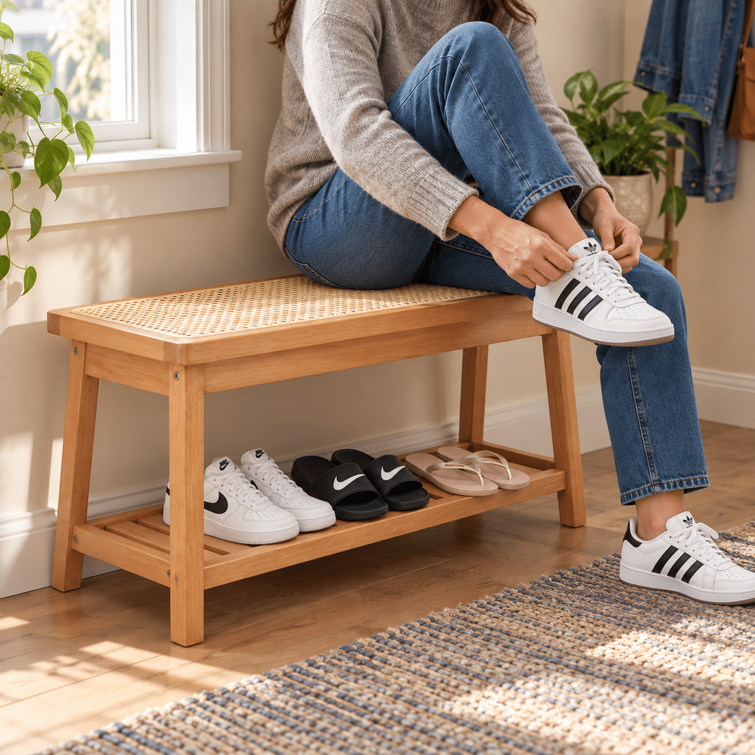 Banco Sapateira com Prateleira Ripada 90cm em Madeira Maciça e Rattan Cor Pitanga Banco Sapateira com Prateleira Ripada 90cm em Madeira Maciça e Rattan Cor Pitanga
