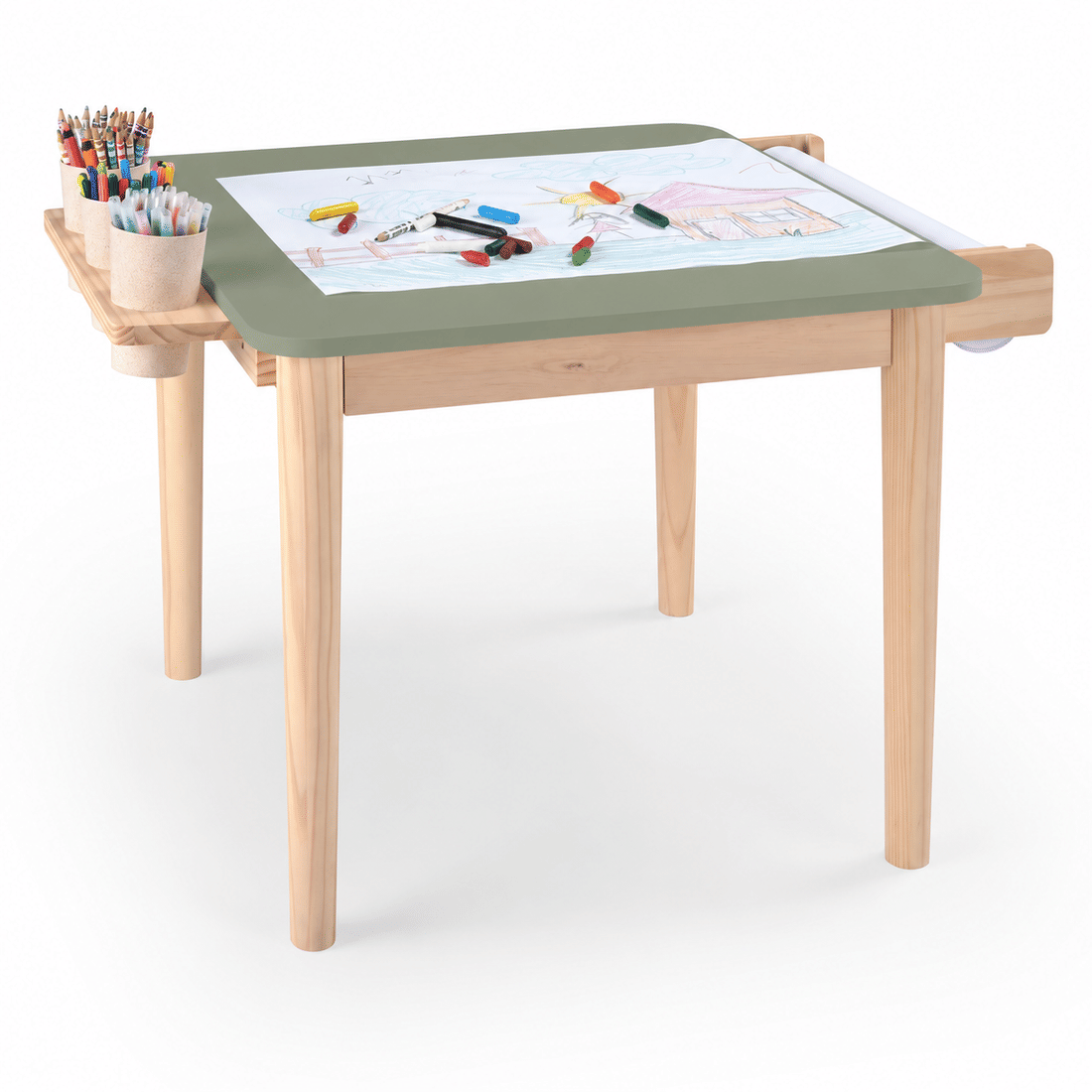 Mesa Infantil Quadrada de Madeira Maciça 61cm Verde Oliva com Porta-Lápis e Suporte para Papel Mesa Infantil Quadrada de Madeira Maciça 61cm Verde Oliva com Porta-Lápis e Suporte para Papel