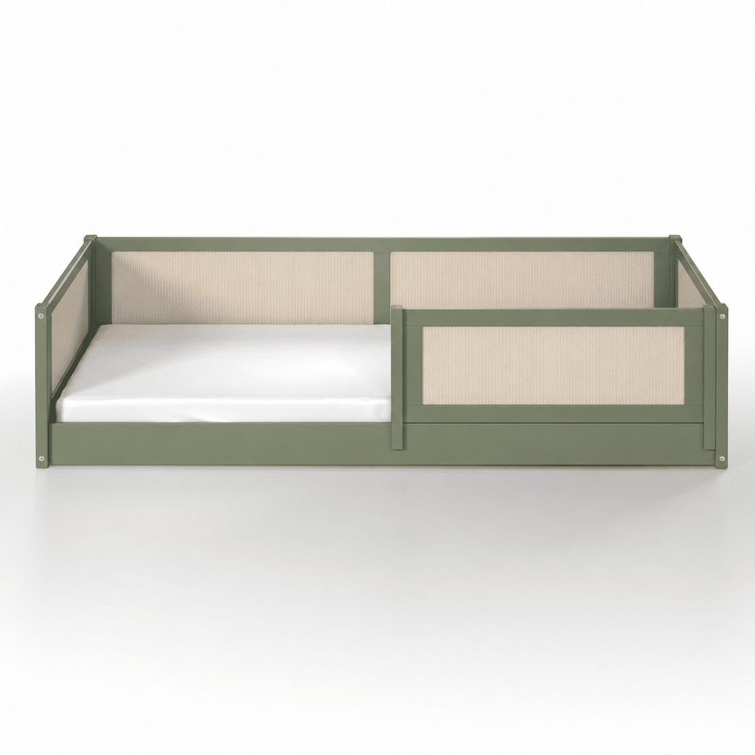 Cama Infantil de Solteiro Montessori Verde Oliva Com Rattan
