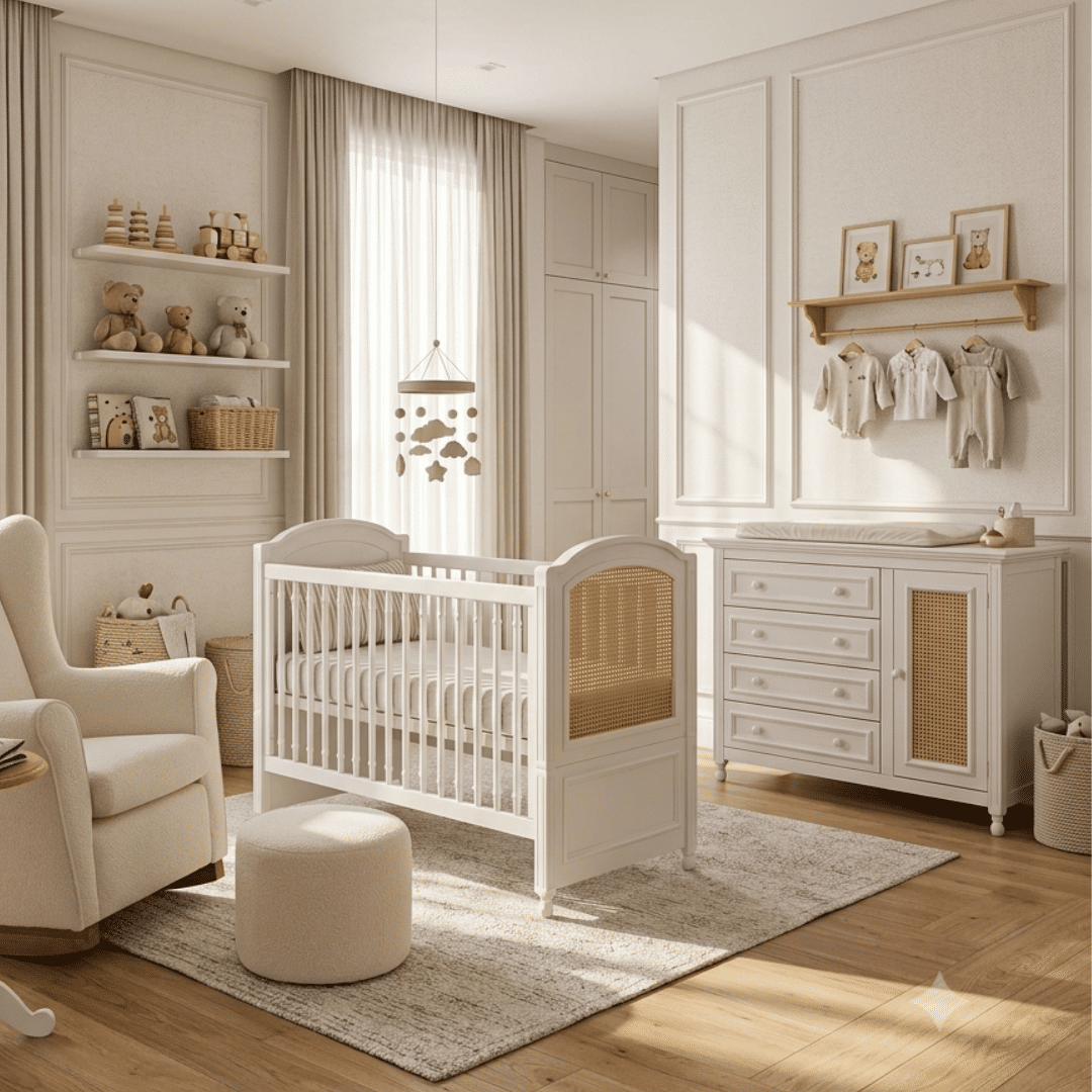 Kit Feliz Berço 2 em 1 e Cômoda 4 Gavetas e 1 Porta com Rattan em Madeira Maciça Branco com Mel Kit Feliz Berço 2 em 1 e Cômoda 4 Gavetas e 1 Porta com Rattan em Madeira Maciça Branco com Mel