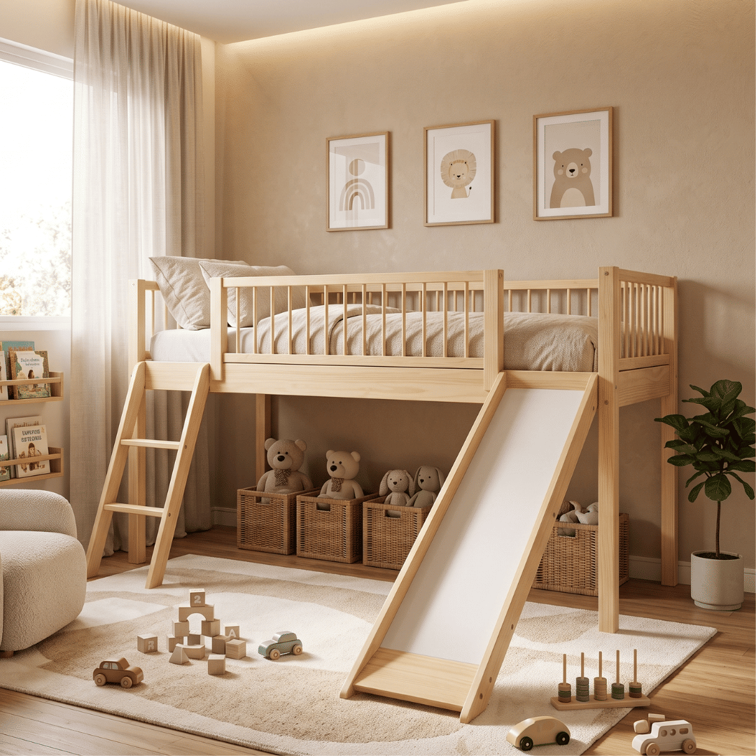 Cama Infantil de Solteiro Com Escorregador Bloomie em Madeira Maciça Pinus Natural