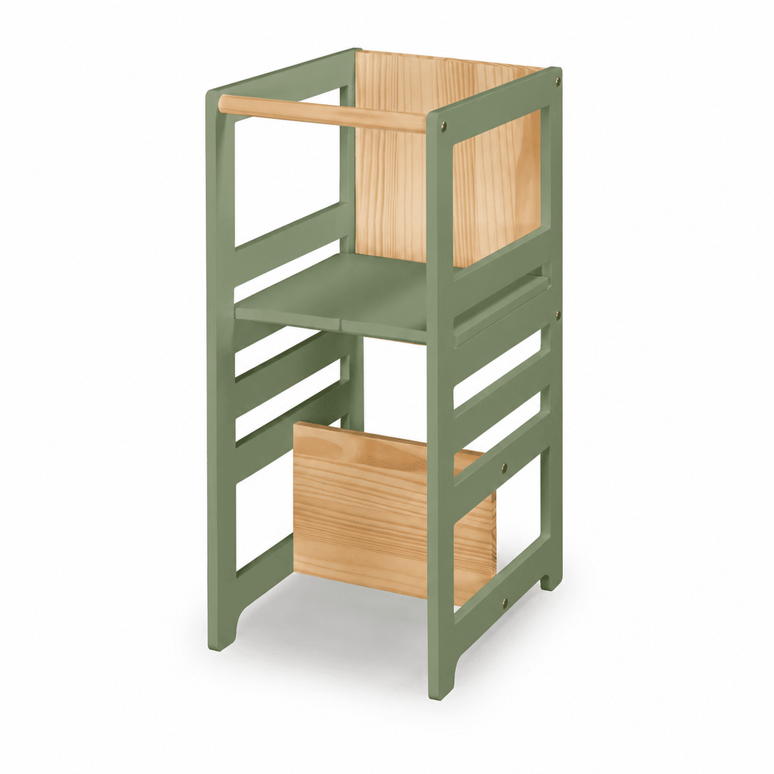 Torre de Aprendizagem Montessori 4 em 1 Verde Oliva Cadeirão Ajustável, Mesinha de Atividades, Quadro de Desenhos