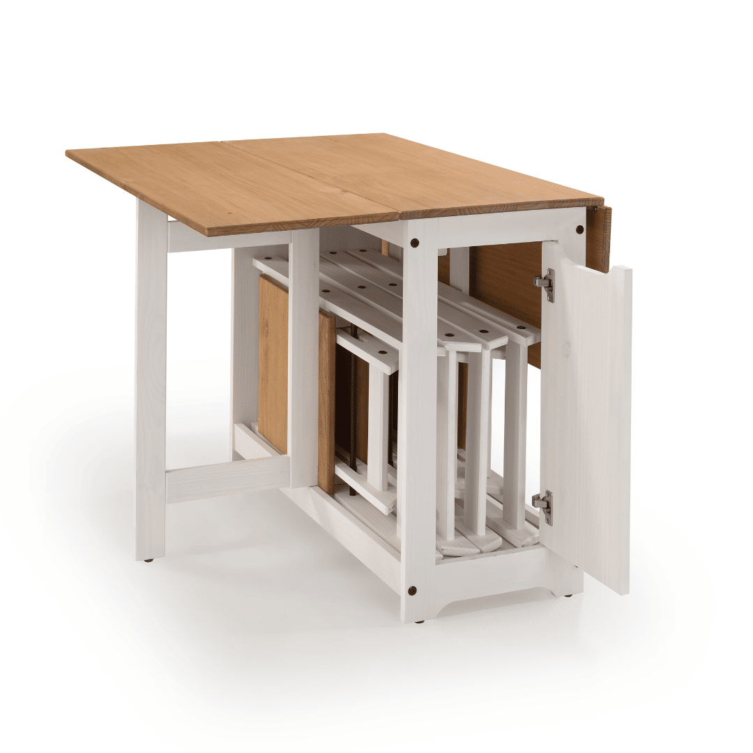 Mesa Dobrável Borboleta com 4 Cadeiras em Madeira Maciça de Pinus Branco Cera