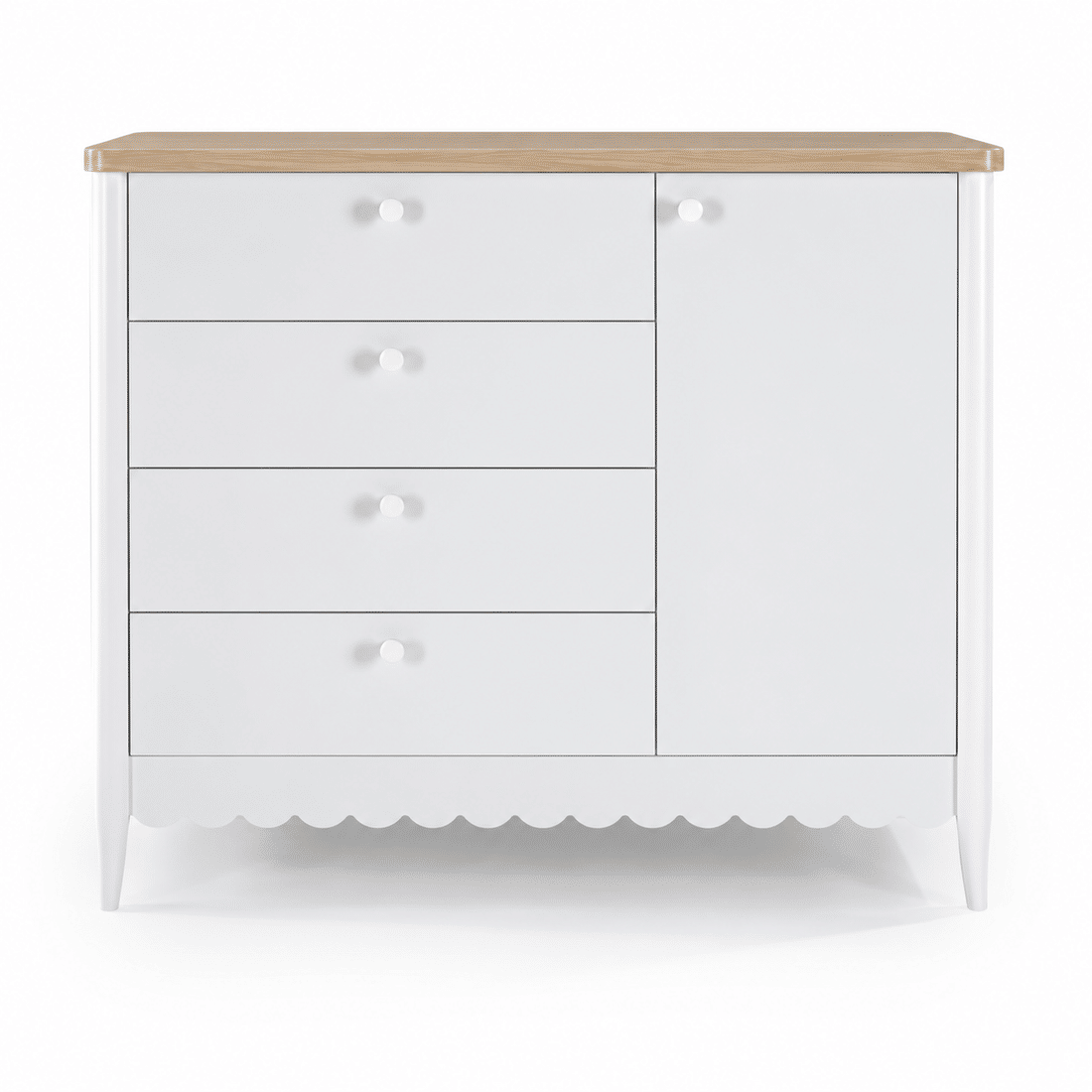 Cômoda Pop 4 Gavetas e 1 Porta em Madeira Maciça Branca com Tampo Natural Cômoda Pop 4 Gavetas e 1 Porta em Madeira Maciça Branca com Tampo Natural