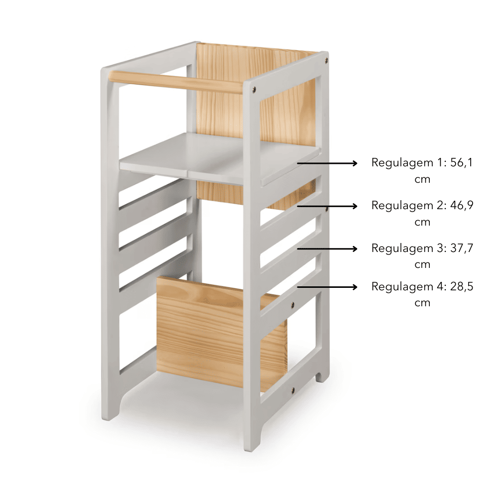 Torre de Aprendizagem Montessori 4 em 1 Cinza Cadeirão Ajustável, Mesinha de Atividades, Quadro de Desenhos