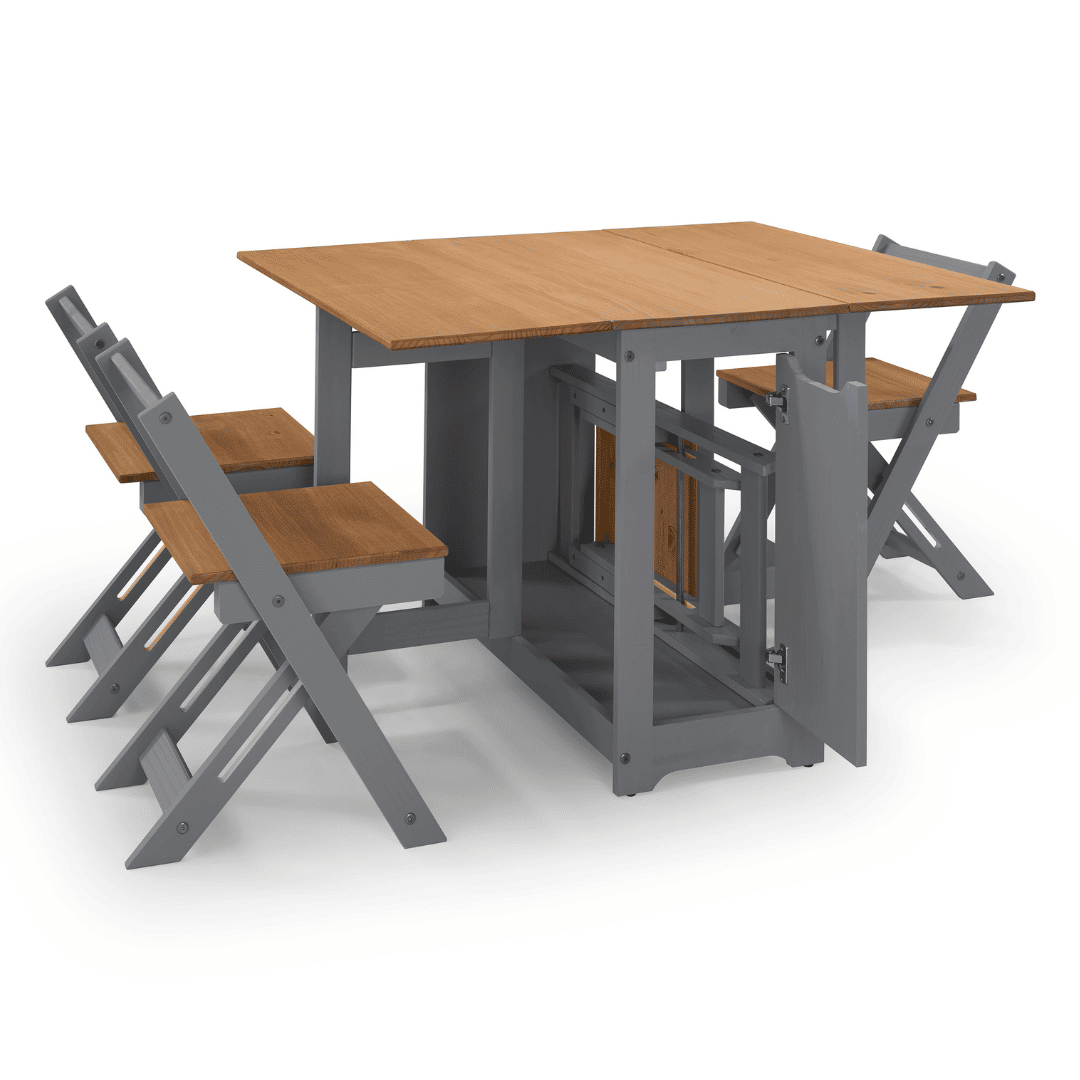 Mesa Dobrável Borboleta com 4 Cadeiras em Madeira Maciça de Pinus Cinza Cera