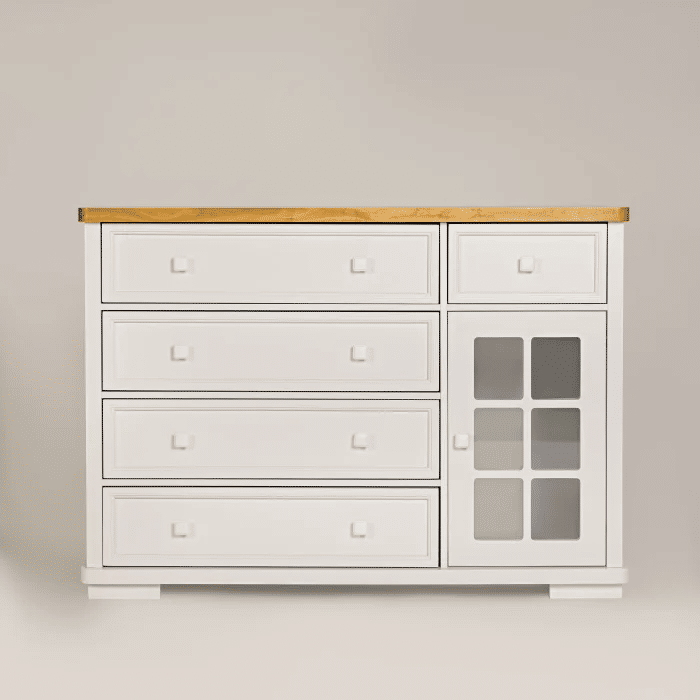 Kit Encanto Berço 2 em 1 e Cômoda 4 Gavetas e 1 Porta com Vidro em Madeira Maciça Branco + Mel Kit Encanto Berço 2 em 1 e Cômoda 4 Gavetas e 1 Porta com Vidro em Madeira Maciça Branco + Mel