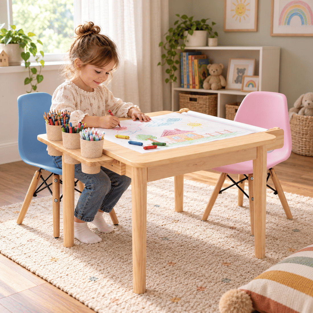 Mesa Infantil Quadrada de Madeira Maciça 61cm Natural com Porta-Lápis e Suporte para Papel