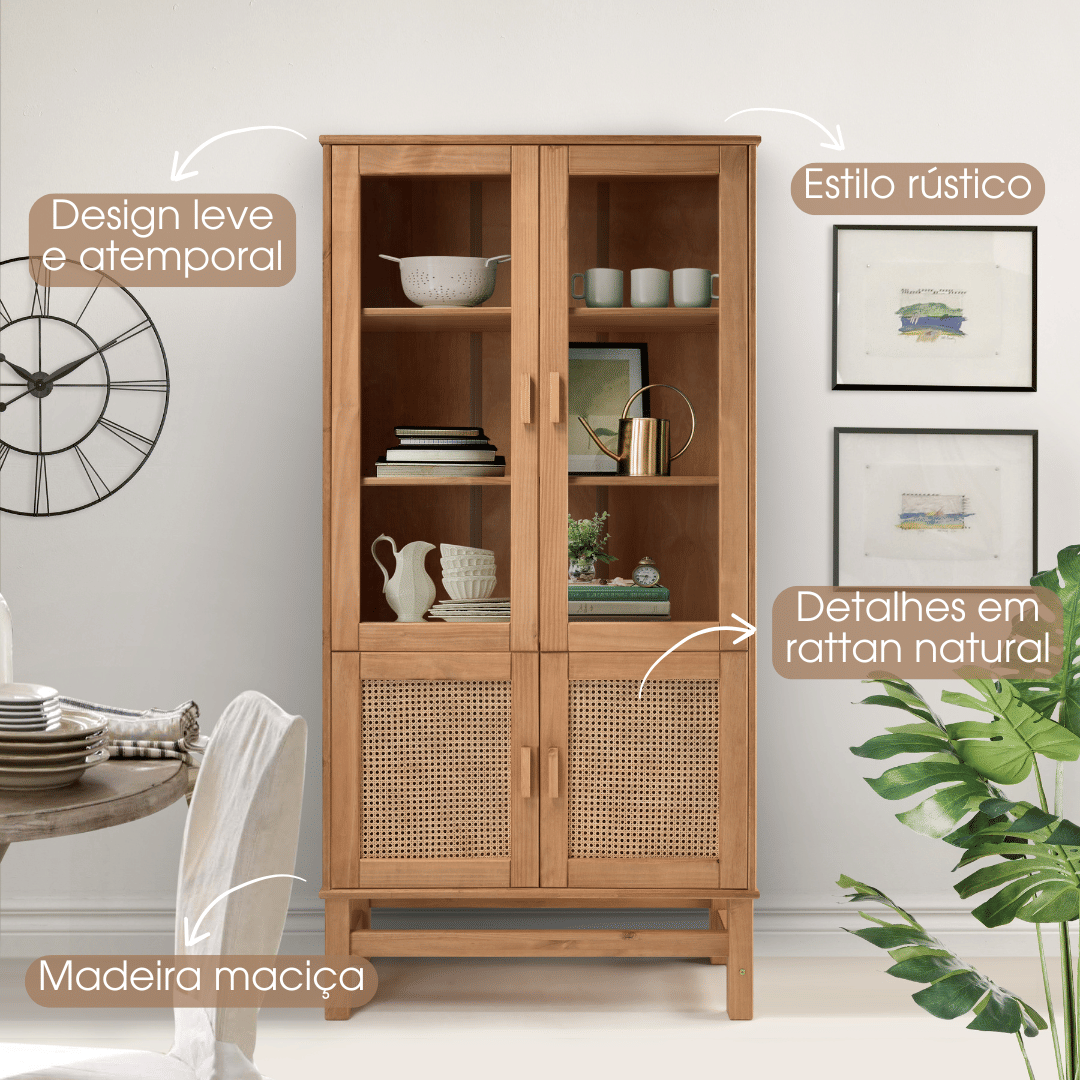 Cristaleira Nature em Madeira, Vidro e Rattan 04 Portas