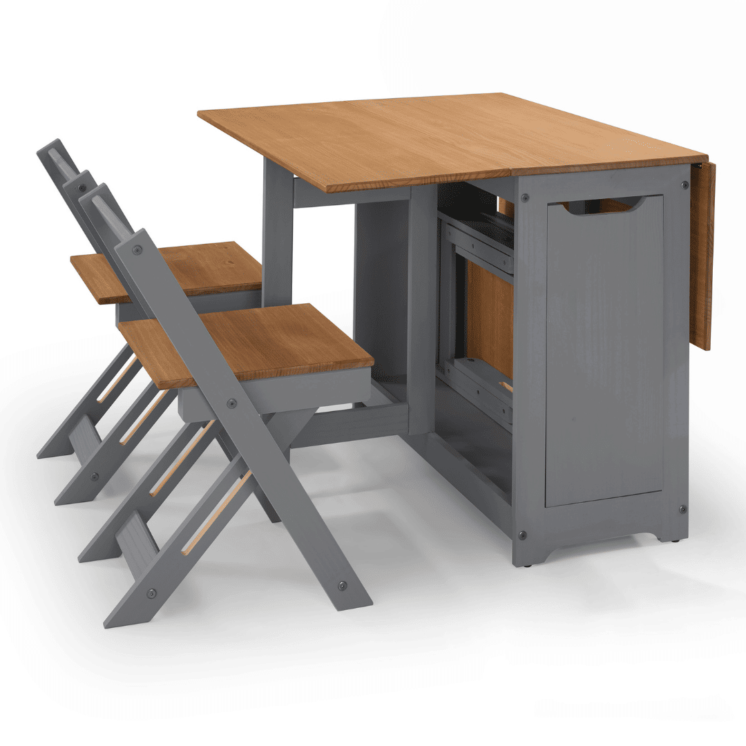 Mesa Dobrável Borboleta com 4 Cadeiras em Madeira Maciça de Pinus Cinza Cera