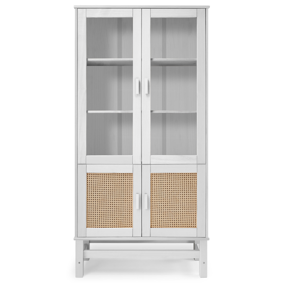 Cristaleira Nature em Madeira, Vidro e Rattan 04 Portas na Cor Branca